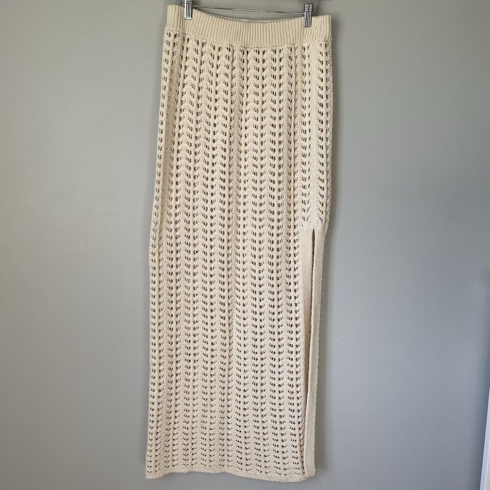 Celandine Anthropologie Crochet Knit Maxi Skirt Cream Beige 100% Cotton Size Med